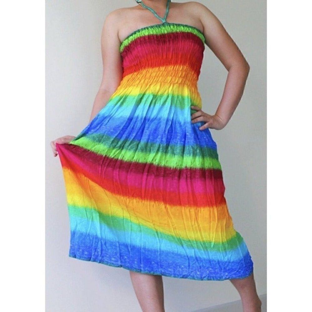 Vintage Women’s Rainbow Tie Dye Hippie Smocked Summer Mini Tube Top Dress OS